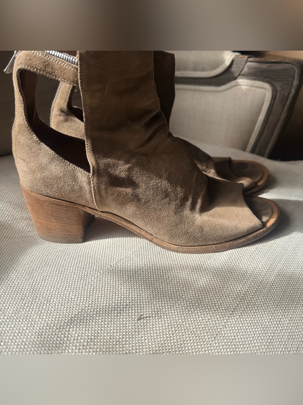 Officine Creative Brown Suede Peep-Toe Block Heel Boots